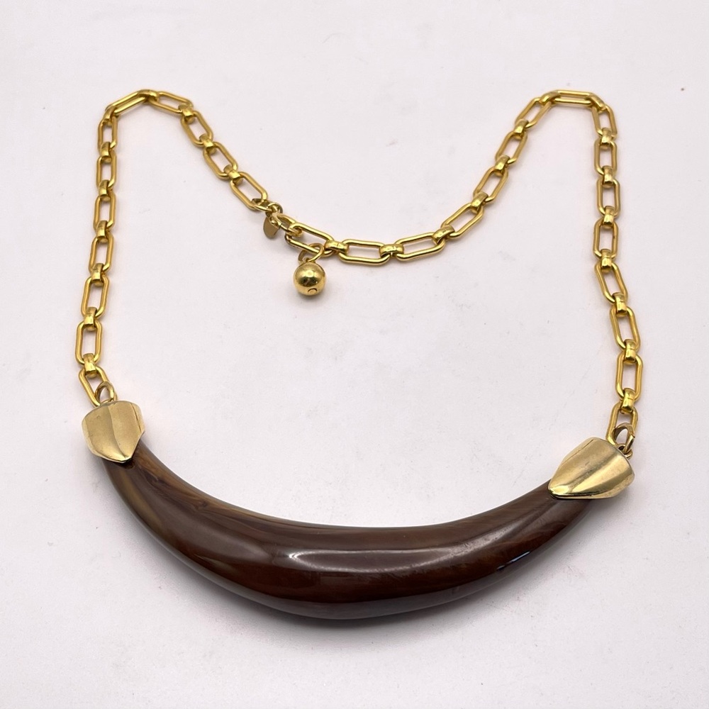 Vintage Signed Celebrity NY Brown Lucite Horn Bib Necklace Gold Tone Accents - Picture 9 of 14